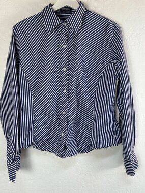 F by Faconnable Womens Blue White Striped Button-Up Shirt Large Long Sleeve Top